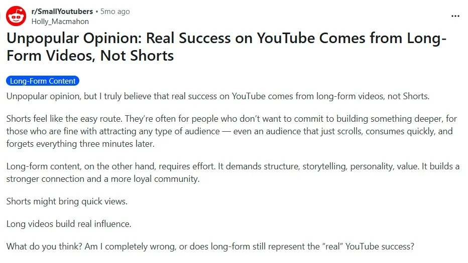 Reddit r/SmallYoutubers thread arguing real YouTube success comes from long-form videos