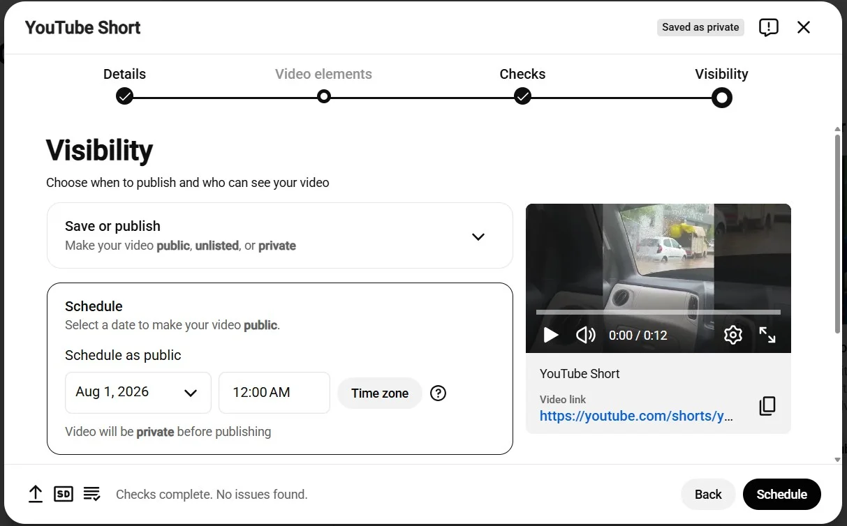 Select Schedule in the visibility step in YouTube Studio Select Schedule in the visibility step in YouTube Studio