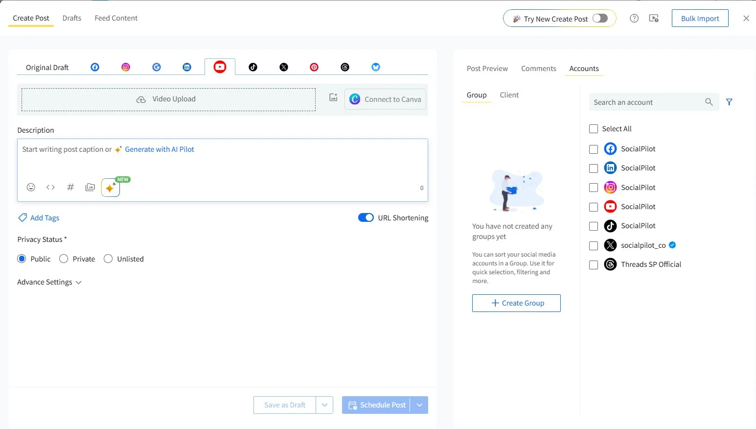 Start a new post and switch the format tab to YouTube Start a new post and switch the format tab to YouTube