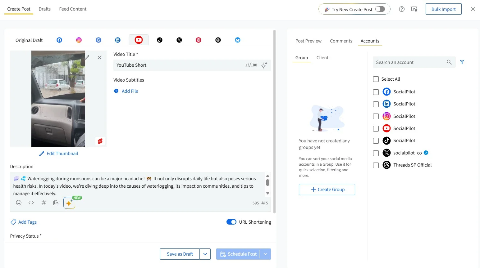 Upload your YouTube video or Short in SocialPilot Upload your YouTube video or Short in SocialPilot