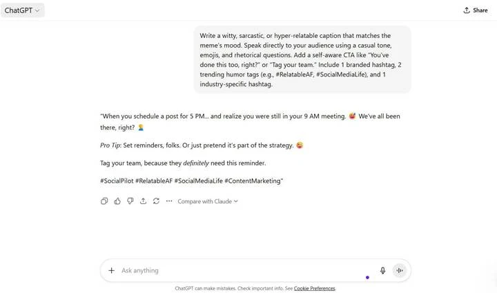 ChatGPT generating a social media caption with hashtags and a call-to-action from a prompt, used as an AI content-creation tool ChatGPT generating a social media caption with hashtags and a call-to-action from a prompt, used as an AI content-creation tool