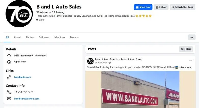Facebook page of B and L Auto Sales car dealership Facebook page of B and L Auto Sales car dealership