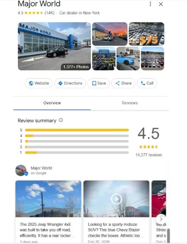Google Business Profile of Major World car dealership Google Business Profile of Major World car dealership