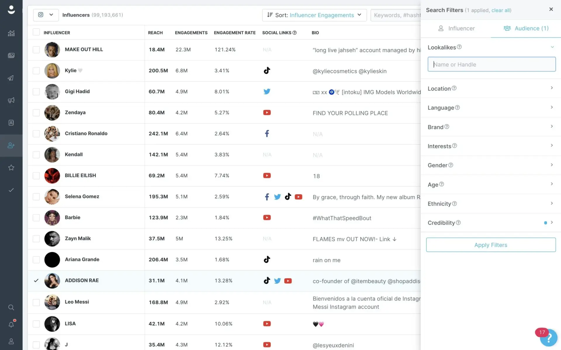 GRIN's influencer discovery list showing creators with reach, engagement rate, and social links, alongside an audience filter panel for campaign management GRIN's influencer discovery list showing creators with reach, engagement rate, and social links, alongside an audience filter panel for campaign management