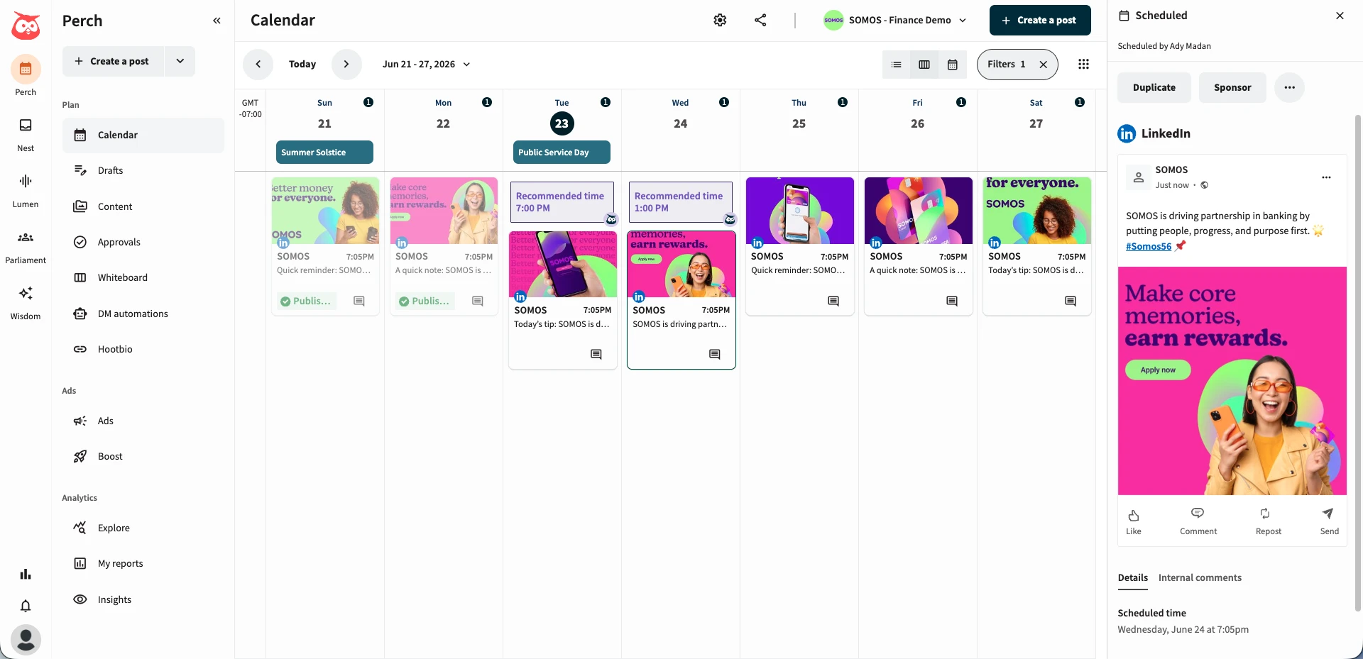 Hootsuite's Social OS content calendar with scheduled posts across networks and a LinkedIn post preview Hootsuite's Social OS content calendar with scheduled posts across networks and a LinkedIn post preview