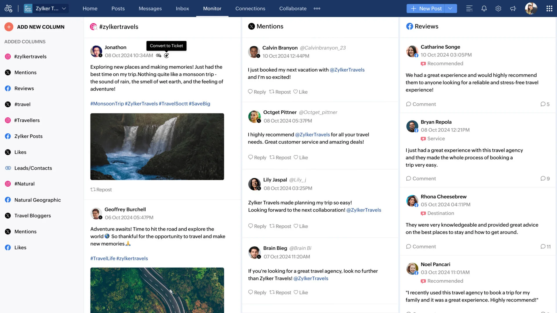 Zoho Social's Monitor tab showing live listening columns for a hashtag, brand mentions, and reviews Zoho Social's Monitor tab showing live listening columns for a hashtag, brand mentions, and reviews