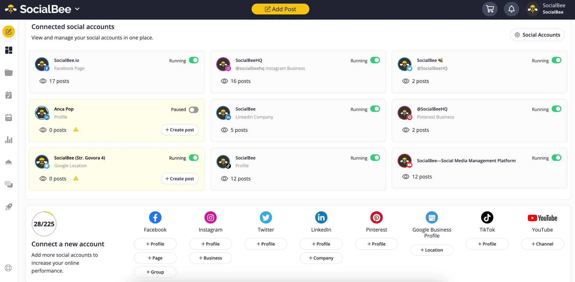 SocialBee's connected-accounts screen showing multiple social profiles with running status and post counts SocialBee's connected-accounts screen showing multiple social profiles with running status and post counts