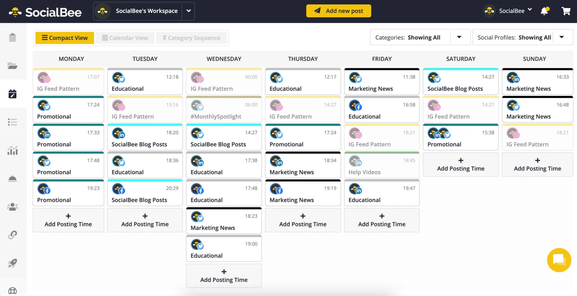 SocialBee's weekly content calendar with posts color-coded by content category across every day of the week SocialBee's weekly content calendar with posts color-coded by content category across every day of the week