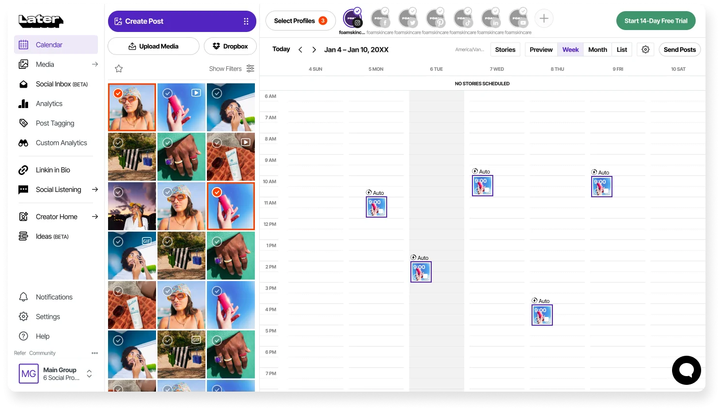 Later's visual planner with an Instagram media-library grid beside a weekly calendar of scheduled posts. Later's visual planner with an Instagram media-library grid beside a weekly calendar of scheduled posts.