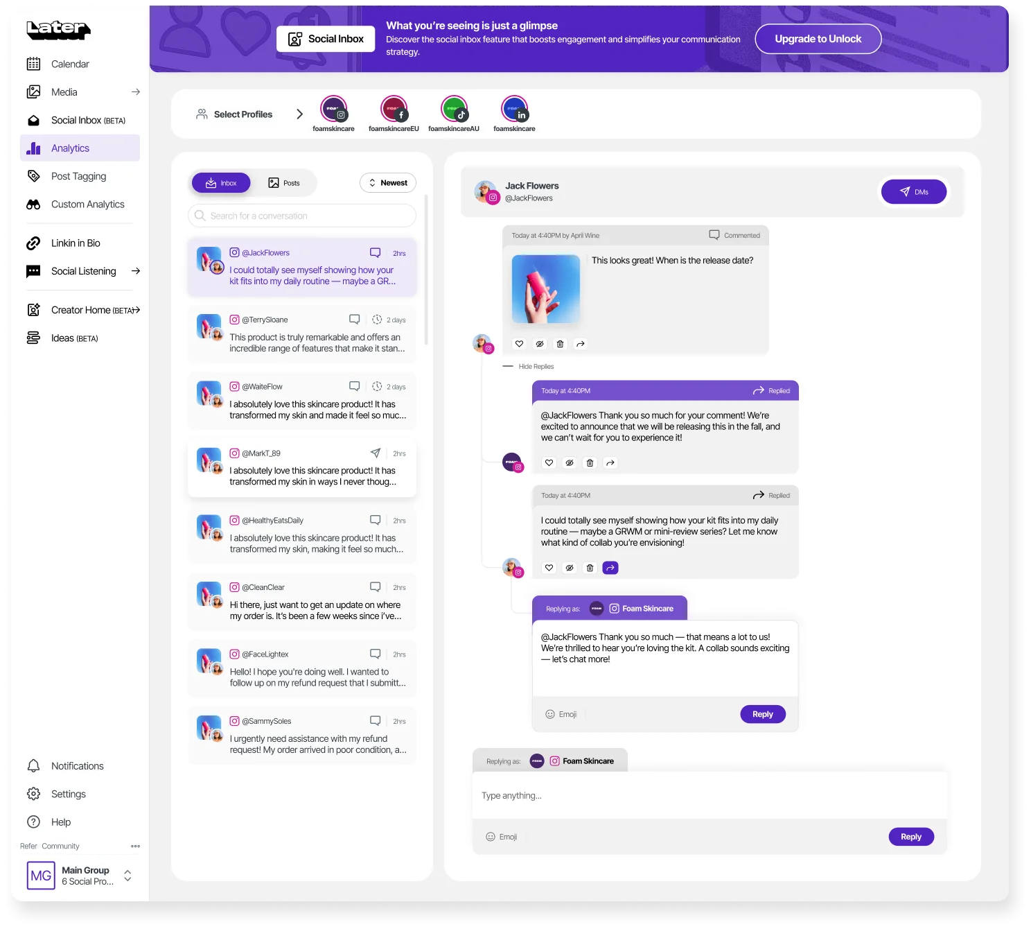 Later's social inbox showing incoming comments and a direct-message conversation thread with a creator Later's social inbox showing incoming comments and a direct-message conversation thread with a creator