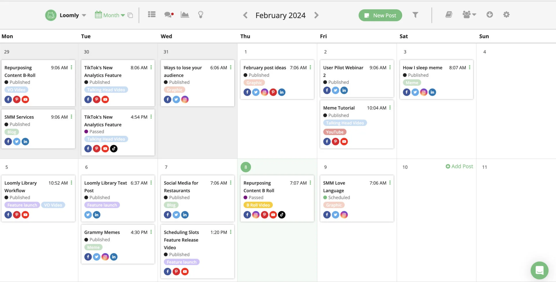 Loomly's editorial calendar in month view with posts marked published or scheduled and network icons Loomly's editorial calendar in month view with posts marked published or scheduled and network icons