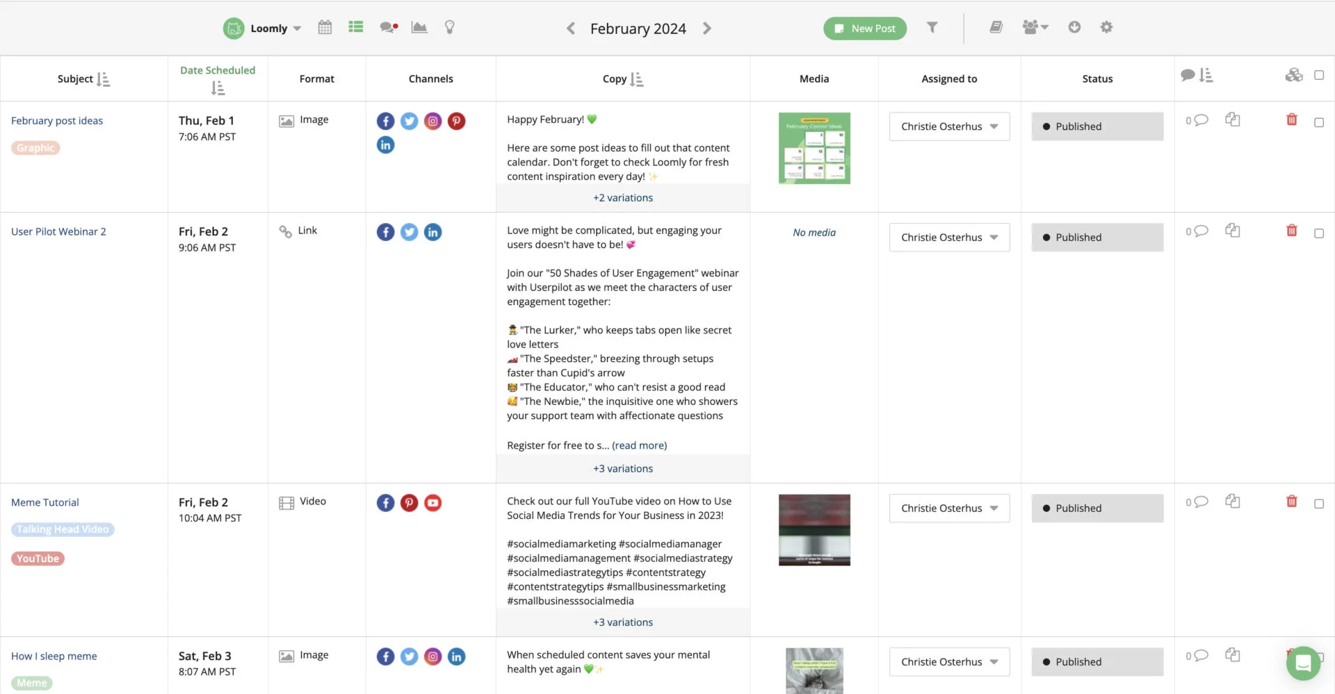 Loomly's list view with subject, date scheduled, channels, copy, assignee, and approval-status columns Loomly's list view with subject, date scheduled, channels, copy, assignee, and approval-status columns