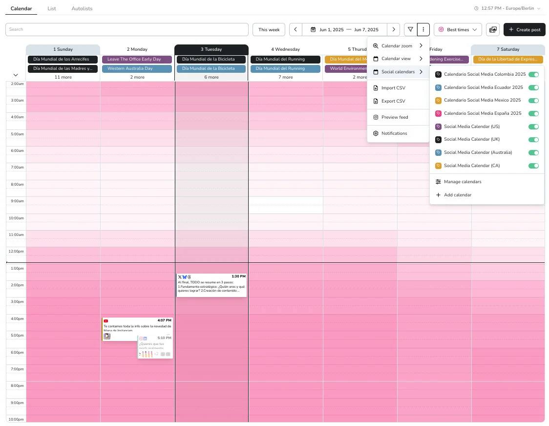 Metricool's planning calendar with a best-times-to-post heatmap and regional social content calendars Metricool's planning calendar with a best-times-to-post heatmap and regional social content calendars