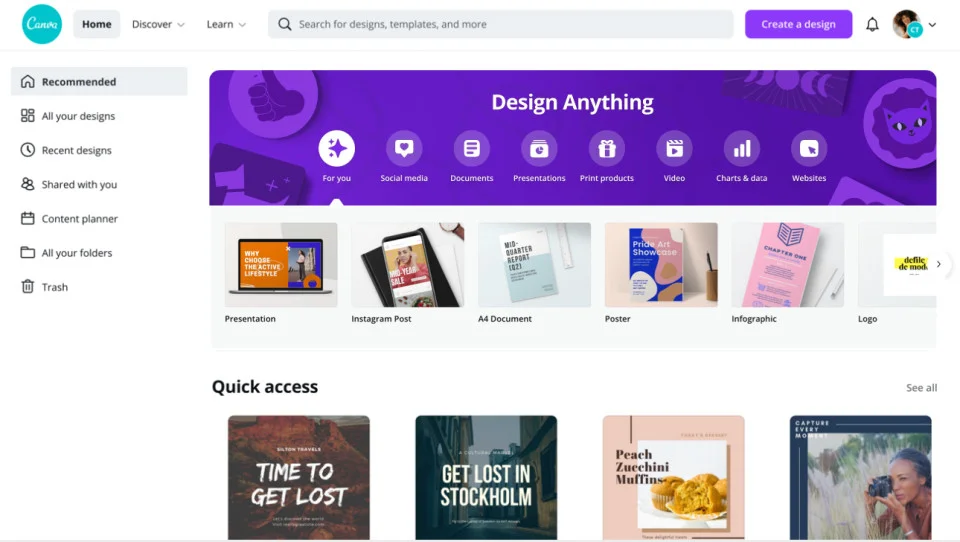 Canva's home screen with a Design Anything banner, template categories, and quick-access recent designs Canva's home screen with a Design Anything banner, template categories, and quick-access recent designs