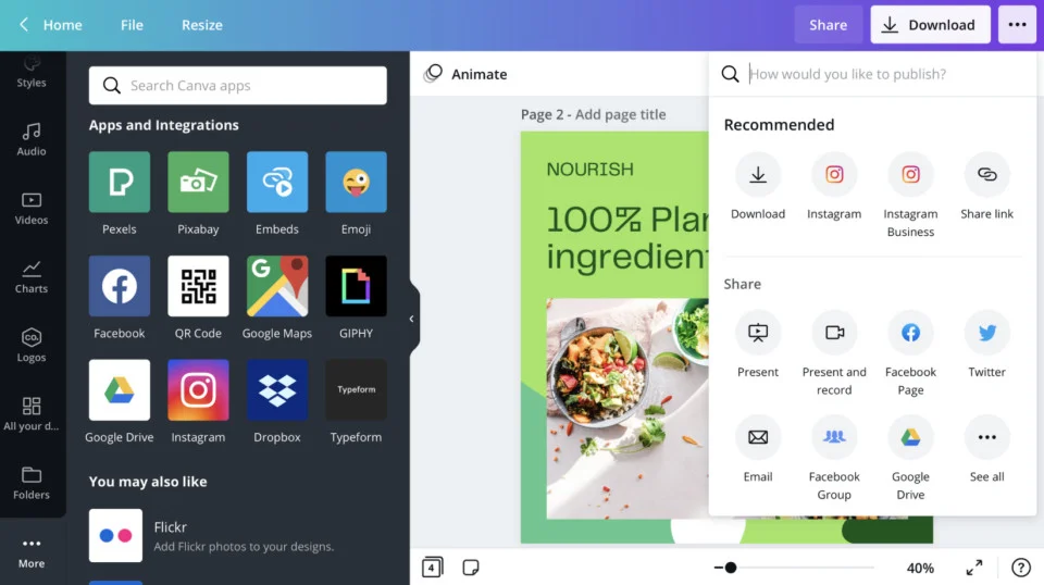 Canva's editor with an apps-and-integrations panel and a publish menu for downloading or posting a design Canva's editor with an apps-and-integrations panel and a publish menu for downloading or posting a design