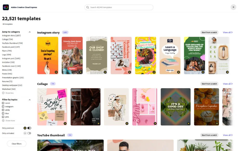 Adobe Express's template library with thousands of Instagram story, collage, and YouTube thumbnail templates Adobe Express's template library with thousands of Instagram story, collage, and YouTube thumbnail templates