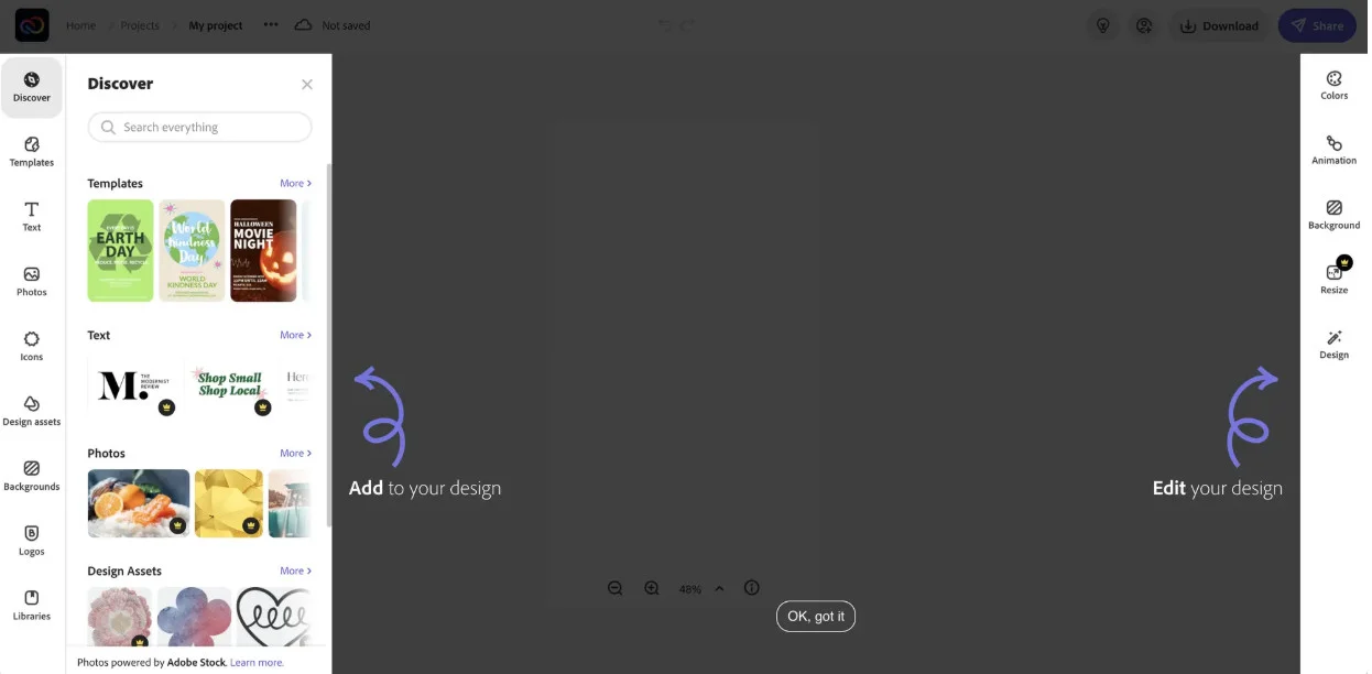 Adobe Express's editor with a Discover panel of templates, text, and photos and add/edit-your-design prompts Adobe Express's editor with a Discover panel of templates, text, and photos and add/edit-your-design prompts