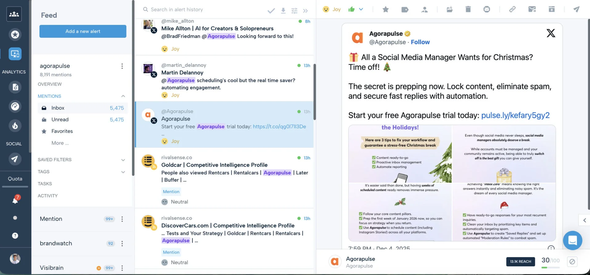 Mention's real-time alert feed of brand mentions with sentiment tags beside a campaign post preview Mention's real-time alert feed of brand mentions with sentiment tags beside a campaign post preview