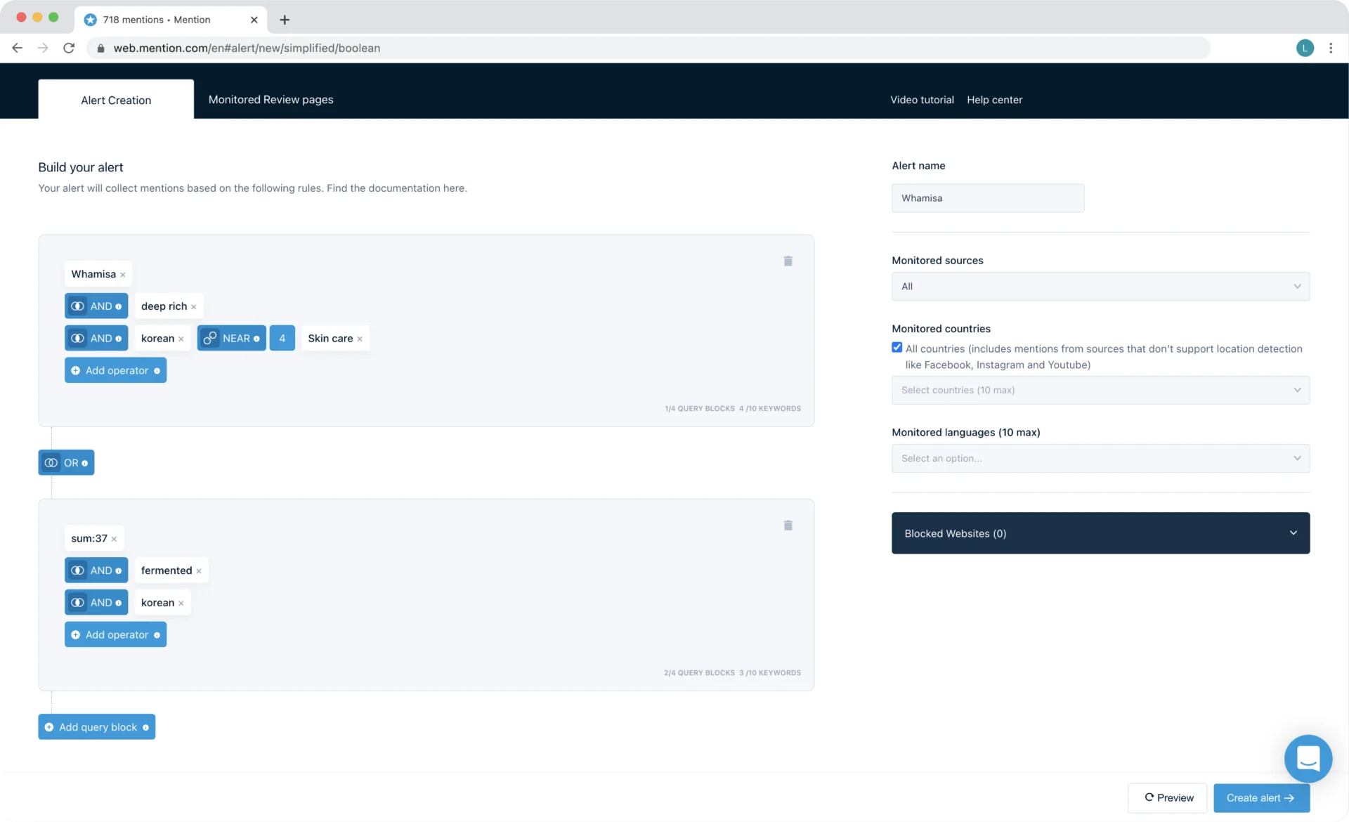 Mention's alert builder using Boolean query blocks with monitored sources, countries, and languages Mention's alert builder using Boolean query blocks with monitored sources, countries, and languages