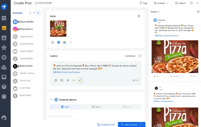 SocialPilot's post composer with uploaded media, caption, and live Facebook, Instagram, and X post previews SocialPilot's post composer with uploaded media, caption, and live Facebook, Instagram, and X post previews