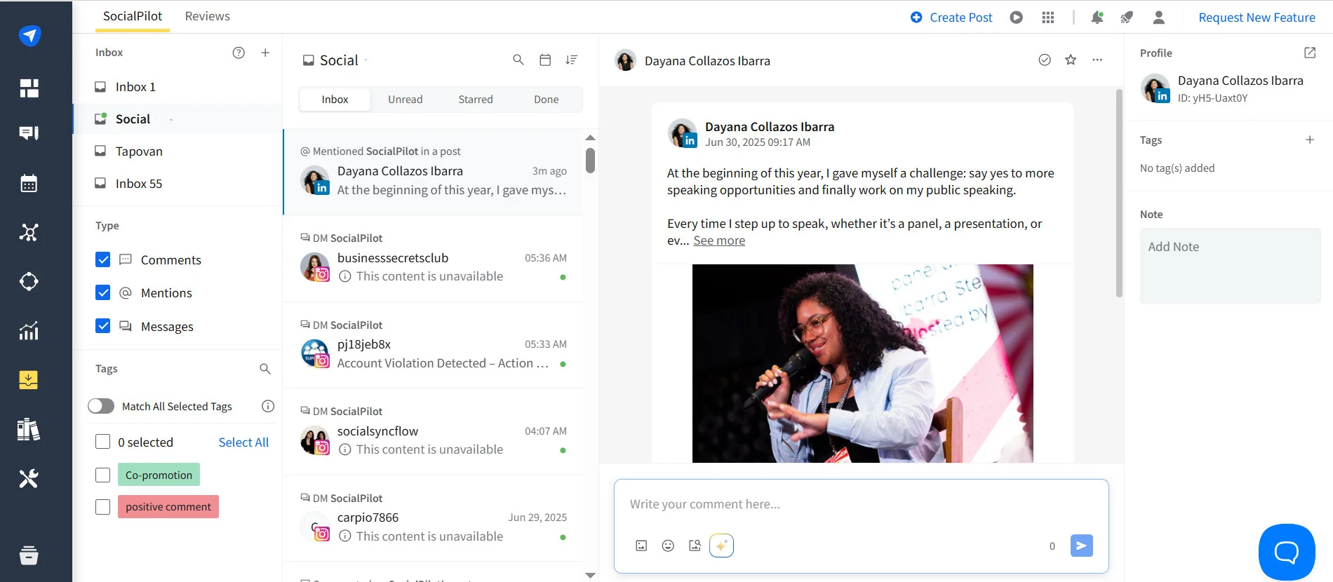 SocialPilot's unified inbox pulling comments, mentions, and messages from all accounts into one reply queue SocialPilot's unified inbox pulling comments, mentions, and messages from all accounts into one reply queue