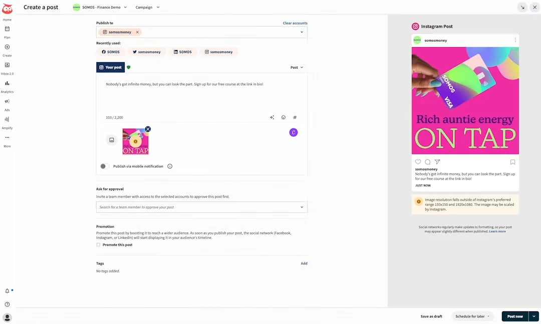 Hootsuite's post composer publishing to several accounts with a live Instagram post preview alongside it Hootsuite's post composer publishing to several accounts with a live Instagram post preview alongside it