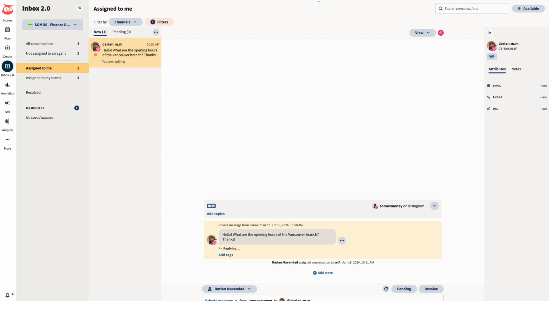 Hootsuite's Inbox 2.0 showing an assigned customer conversation thread with a reply panel Hootsuite's Inbox 2.0 showing an assigned customer conversation thread with a reply panel