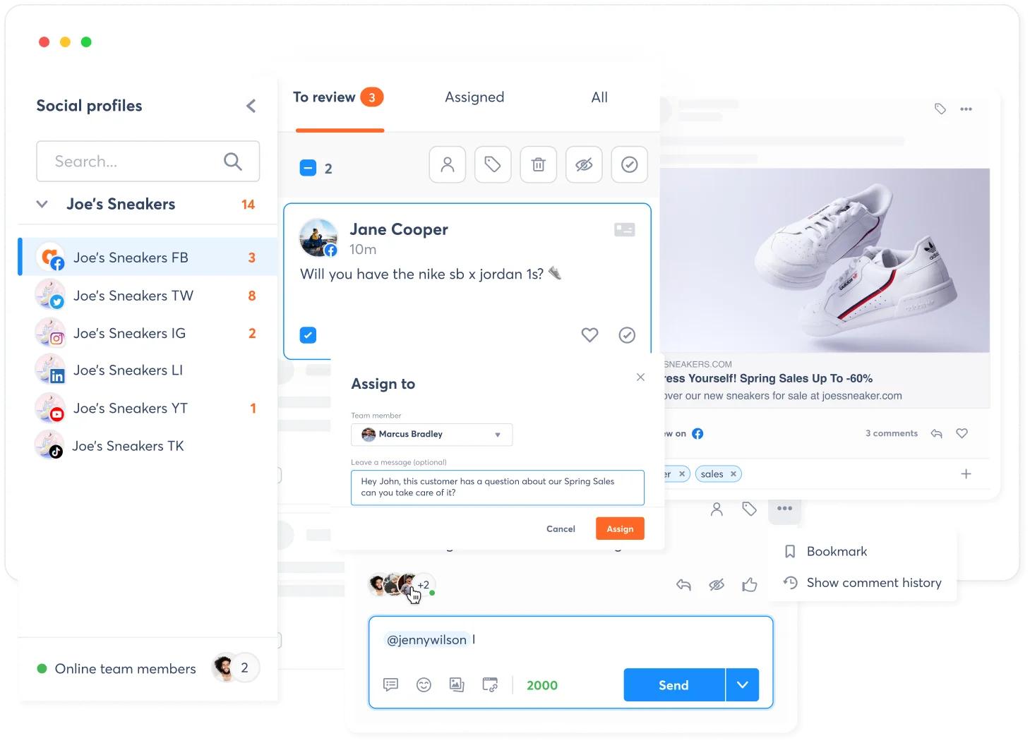 Agorapulse's unified inbox with a to-review comment queue and an assign-to-teammate panel across brands Agorapulse's unified inbox with a to-review comment queue and an assign-to-teammate panel across brands
