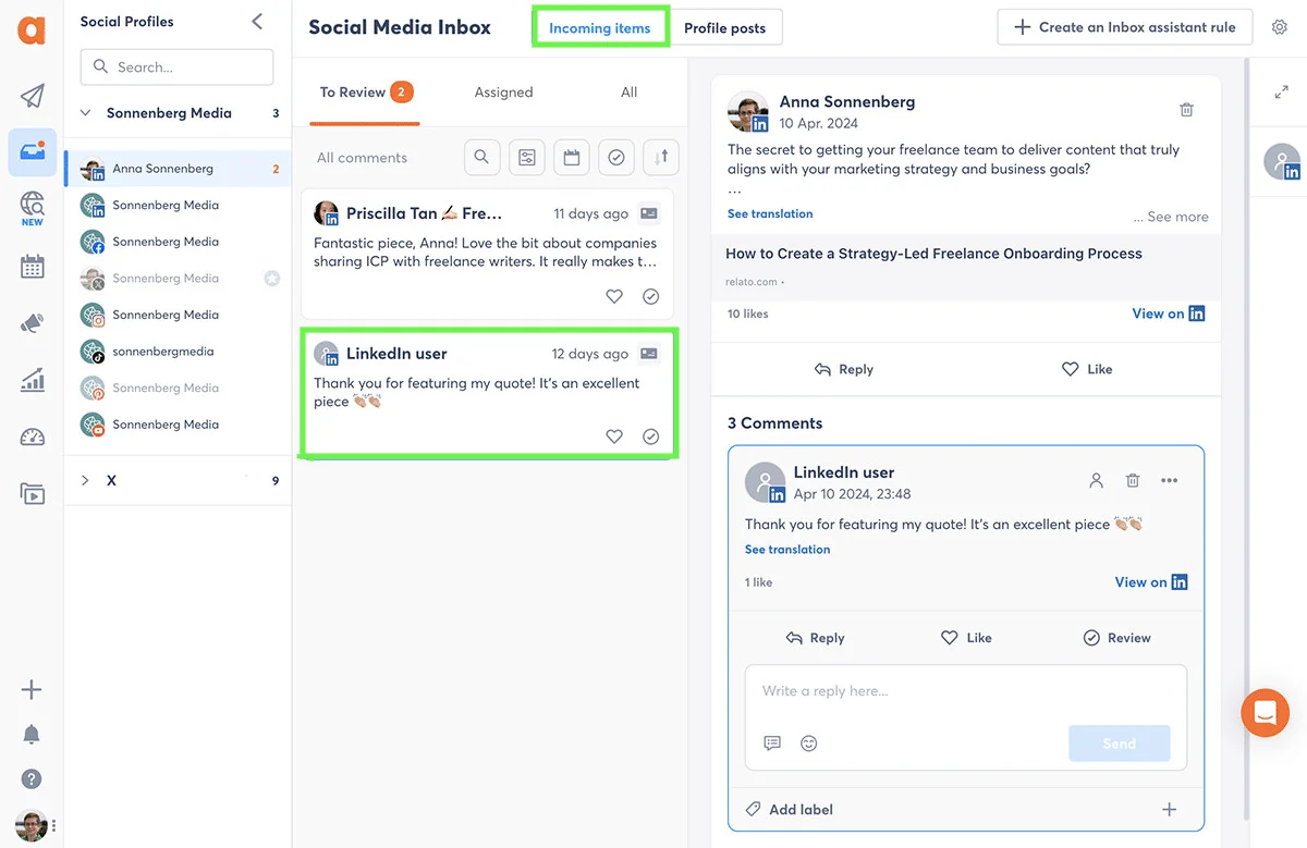 Agorapulse's inbox highlighting incoming items, with a LinkedIn comment thread and reply and review actions Agorapulse's inbox highlighting incoming items, with a LinkedIn comment thread and reply and review actions
