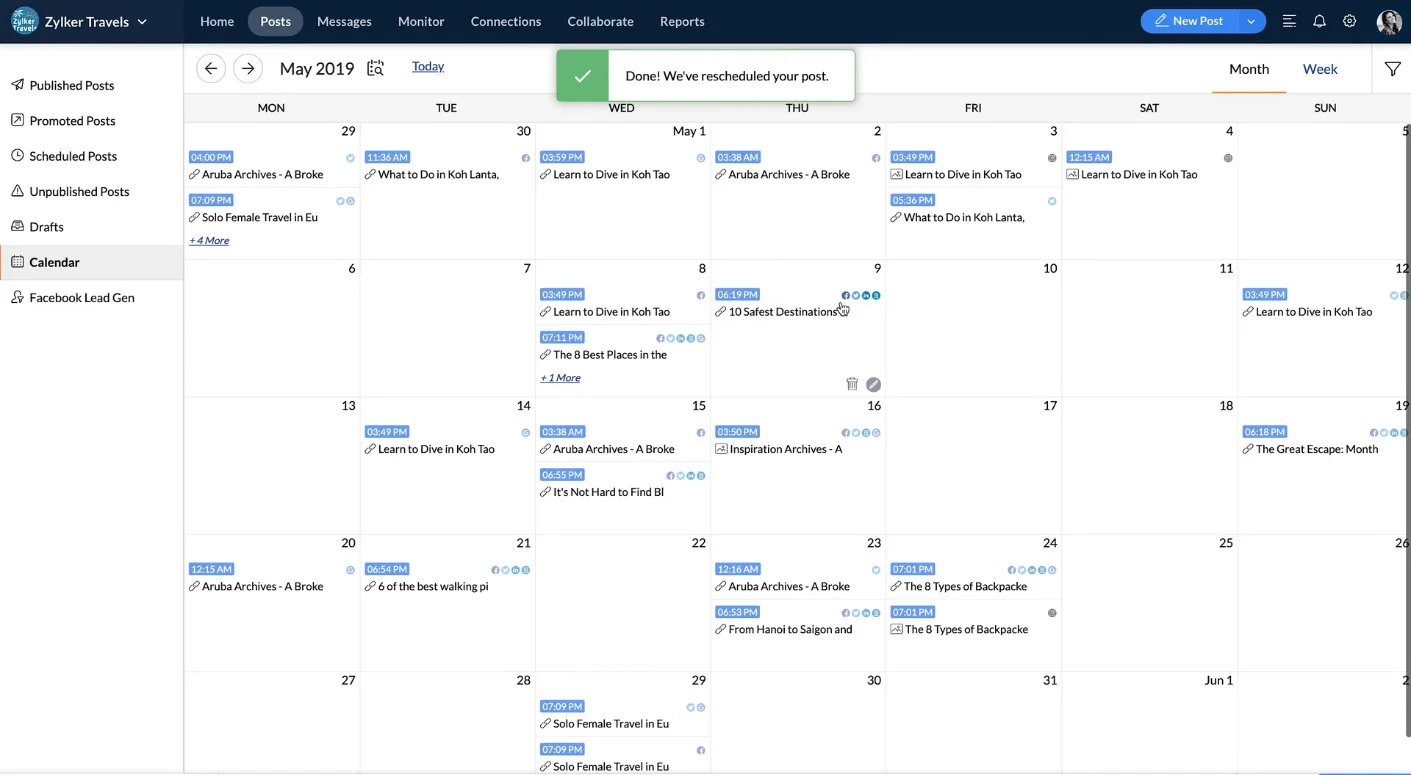 Zoho Social's content calendar in month view with scheduled posts and a post-rescheduled confirmation Zoho Social's content calendar in month view with scheduled posts and a post-rescheduled confirmation
