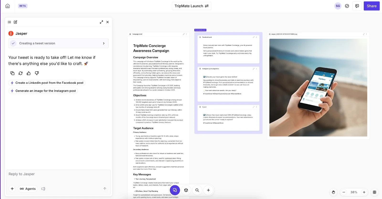 Jasper's AI writing workspace turning a campaign brief into on-brand social content using its Brand Voice engine Jasper's AI writing workspace turning a campaign brief into on-brand social content using its Brand Voice engine