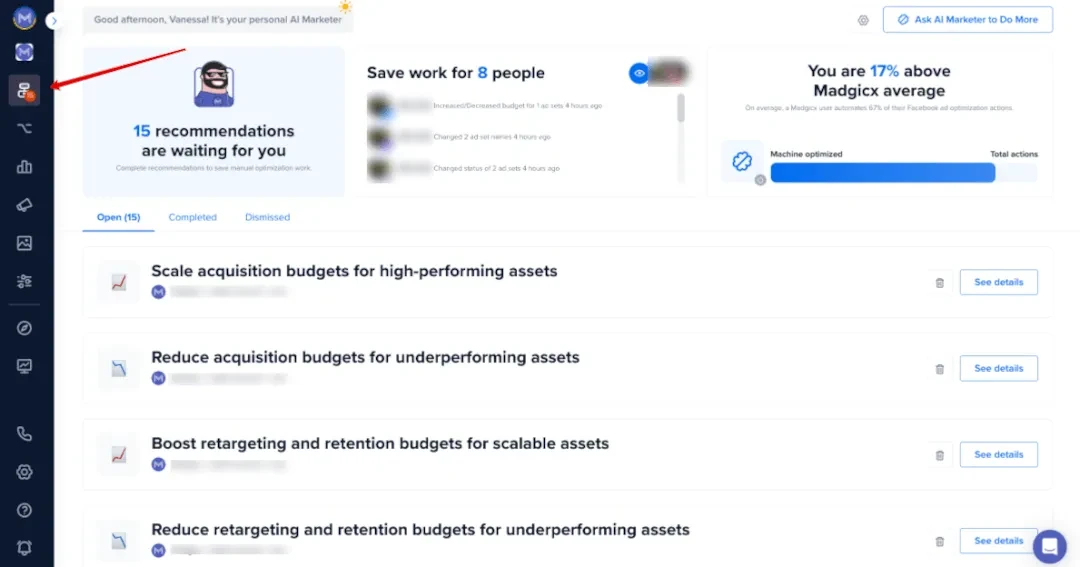 Madgicx's AI Marketer showing automated budget recommendations to scale high-performing ad assets and reduce spend on underperforming ones Madgicx's AI Marketer showing automated budget recommendations to scale high-performing ad assets and reduce spend on underperforming ones