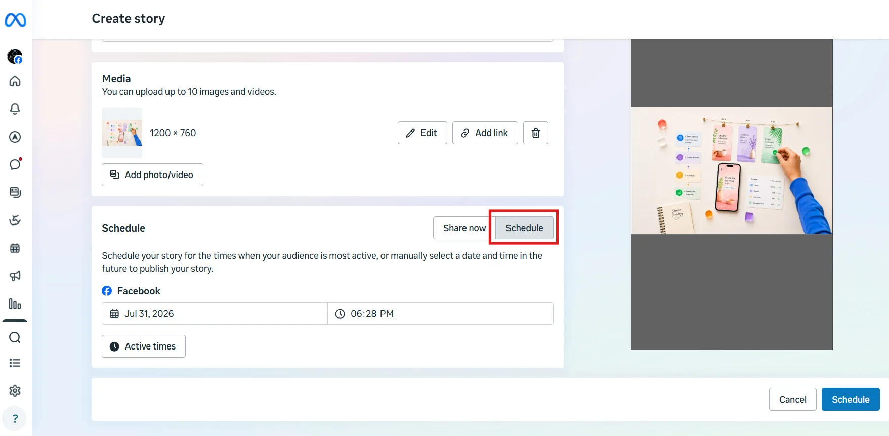 Schedule toggle switched on with date and time fields visible Schedule toggle switched on with date and time fields visible