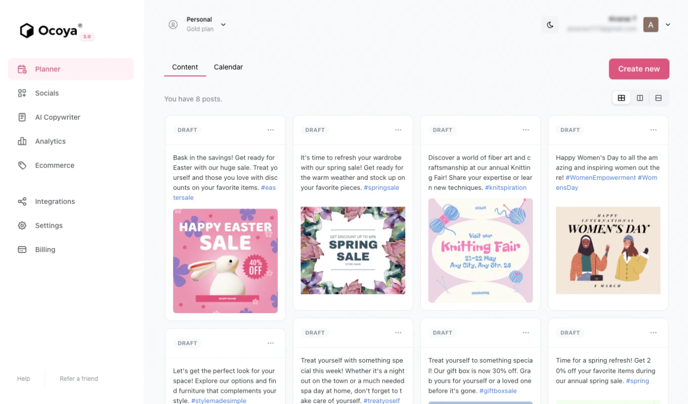 Ocoya's Planner showing AI-generated draft social posts in a workspace, with its left-hand menu for Socials, AI Copywriter, Analytics, and Ecommerce Ocoya's Planner showing AI-generated draft social posts in a workspace, with its left-hand menu for Socials, AI Copywriter, Analytics, and Ecommerce