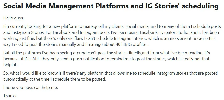 An agency owner asking for a platform suggestion on Reddit to schedule IG stories An agency owner asking for a platform suggestion on Reddit to schedule IG stories
