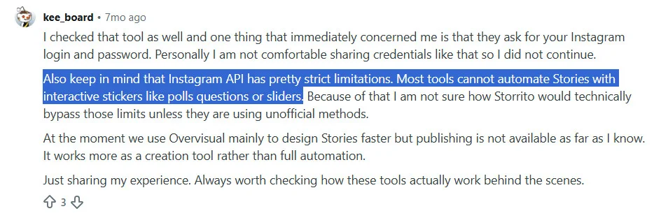 A Reddit thread talking about Instagram's API restrictions for scheduling Stories A Reddit thread talking about Instagram's API restrictions for scheduling Stories