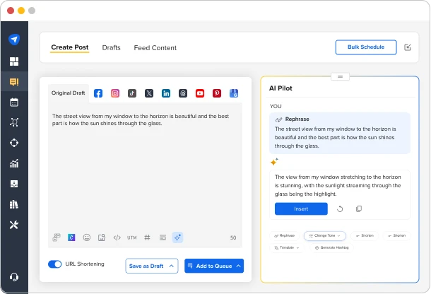 SocialPilot's Create Post composer with the AI Pilot panel rephrasing a caption and offering an Insert button, showing AI-assisted drafting across platforms SocialPilot's Create Post composer with the AI Pilot panel rephrasing a caption and offering an Insert button, showing AI-assisted drafting across platforms