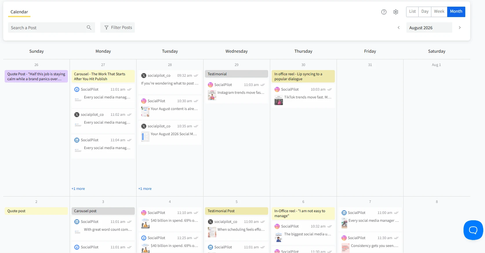 SocialPilot's content calendar showing scheduled posts across multiple client accounts in a monthly view SocialPilot's content calendar showing scheduled posts across multiple client accounts in a monthly view