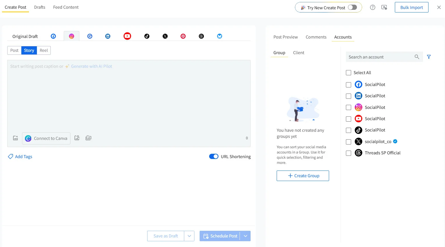 Create Post screen with an Instagram Business account selected Create Post screen with an Instagram Business account selected