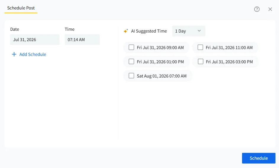 Date and time picker with the Schedule button visible Date and time picker with the Schedule button visible