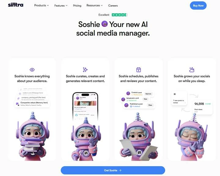 Sintra's Soshie landing page describing the AI social media manager that knows your audience, generates content, schedules and publishes posts, and grows accounts automatically Sintra's Soshie landing page describing the AI social media manager that knows your audience, generates content, schedules and publishes posts, and grows accounts automatically