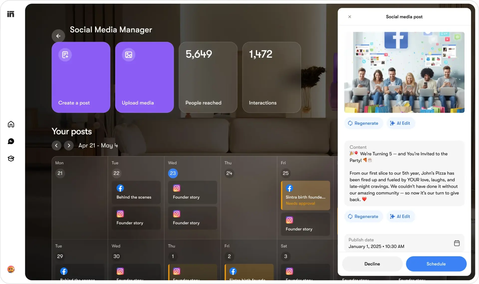 Soshie's Social Media Manager dashboard showing reach and interaction metrics, a content calendar, and an AI-assisted Facebook post composer with Regenerate and Schedule options Soshie's Social Media Manager dashboard showing reach and interaction metrics, a content calendar, and an AI-assisted Facebook post composer with Regenerate and Schedule options