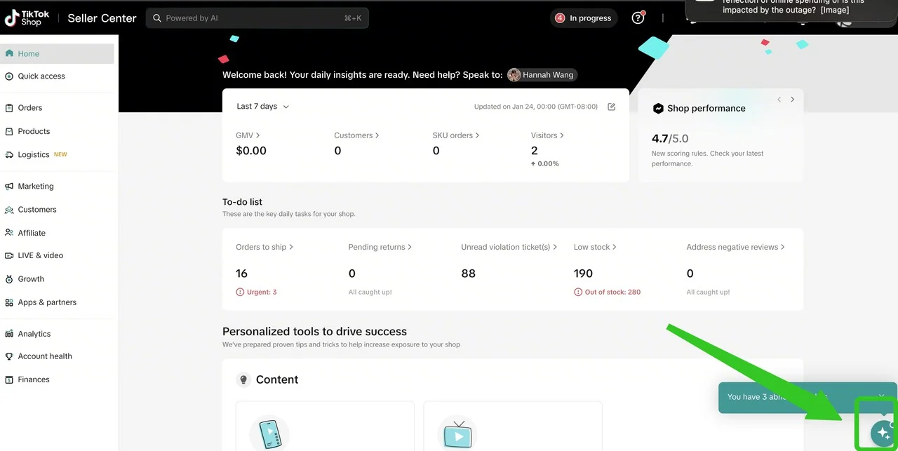 TikTok Shop Seller Center, now powered by AI tools like the Seller Assistant