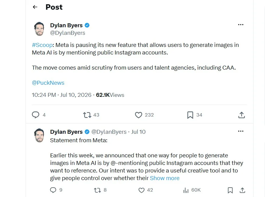 Meta pauses the Instagram AI image-mention feature, per Dylan Byers on X