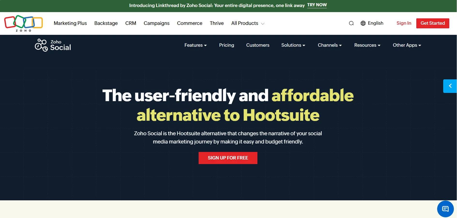 Zoho Social homepage positioning it as a Hootsuite alternative Zoho Social homepage positioning it as a Hootsuite alternative