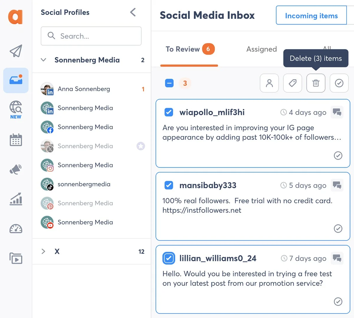 Agorapulse social media inbox showing comments/DMs/mentions in one filterable stream Agorapulse social media inbox showing comments/DMs/mentions in one filterable stream