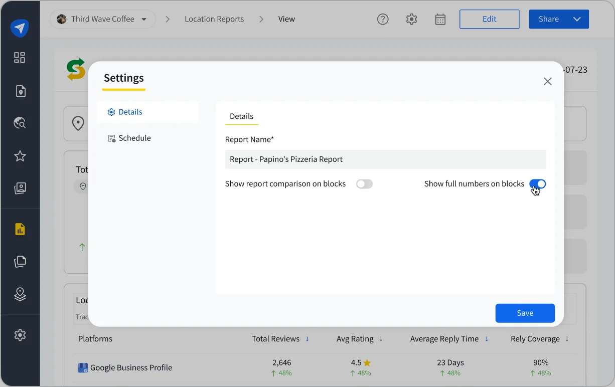 Full numbers in SocialPilot Review Reports