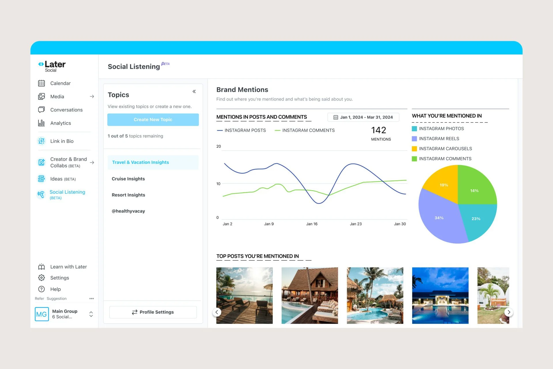 Later's social listening suite to monitor brand mentions Later's social listening suite to monitor brand mentions