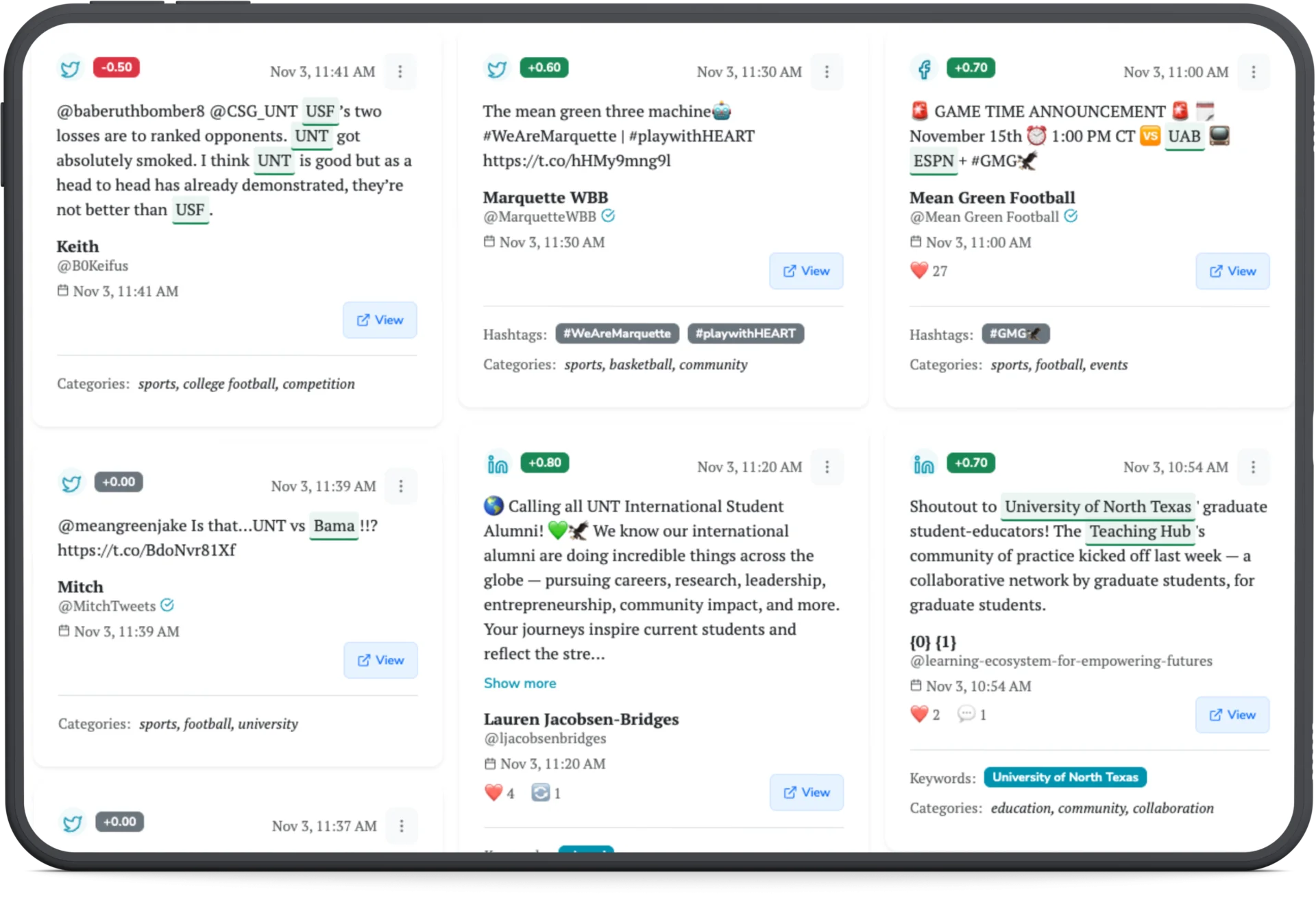 SocialHose Social listening dashboard showing sentiment-tagged mentions SocialHose Social listening dashboard showing sentiment-tagged mentions