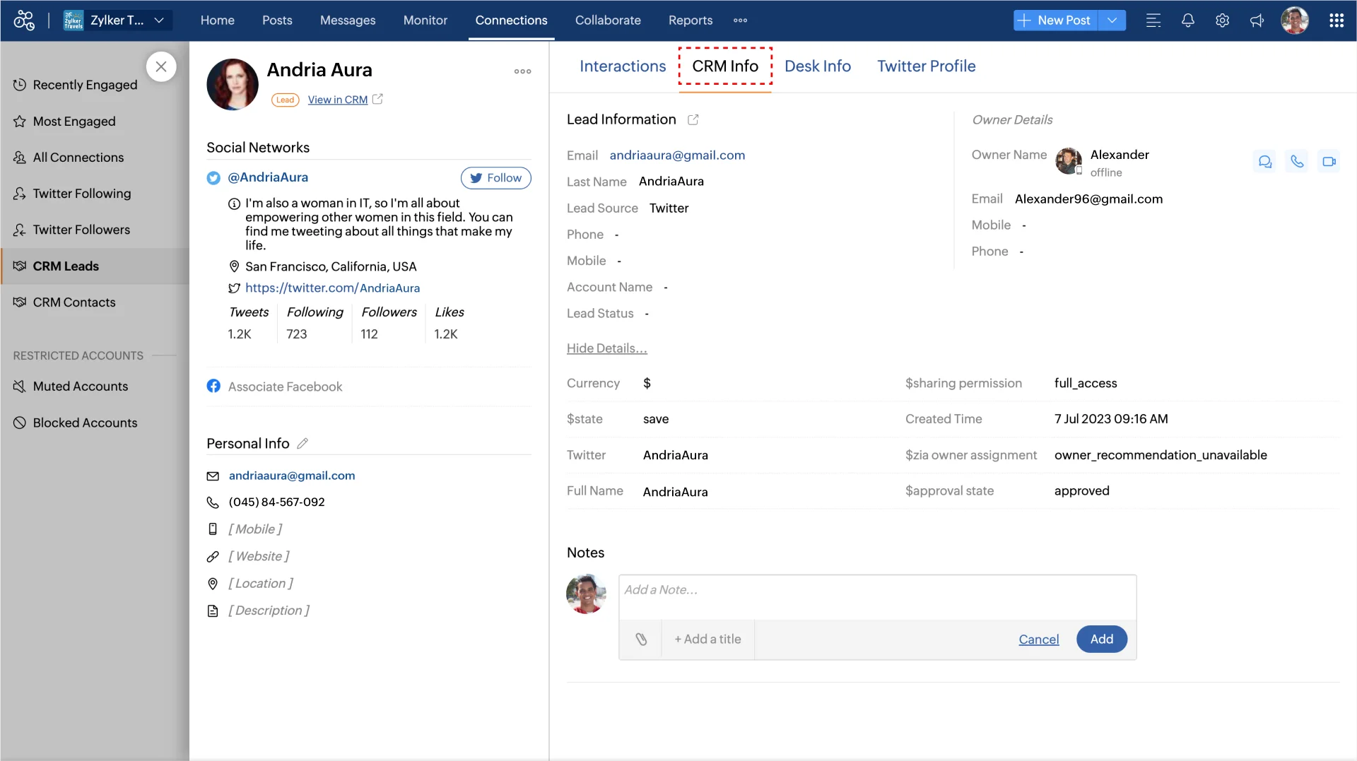Zoho Social dashboard showing a social comment being converted into a CRM lead/record Zoho Social dashboard showing a social comment being converted into a CRM lead/record